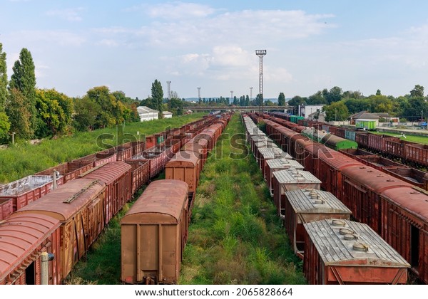 Freight cars of the train. Railway of\
Moldova. Background with copy space for text or lettering.\
Illustrative editorial. September 15, 2021, Balti\
Moldova.