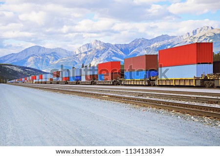 Freight comtainer train in Jasper. Alberta. Canada.