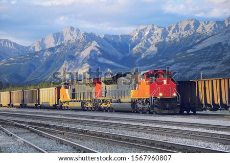 Freight comtainer train in Jasper. Alberta. Canada.