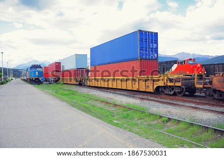 Freight comtainer train in Jasper. Alberta. Canada.