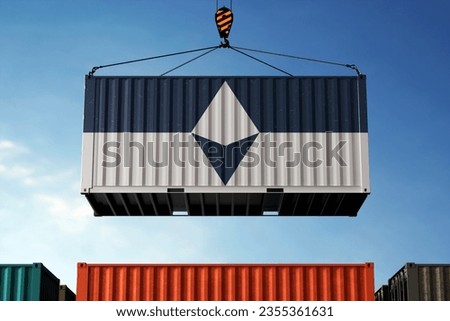 Freight containers with Antarctica flag, clouds background