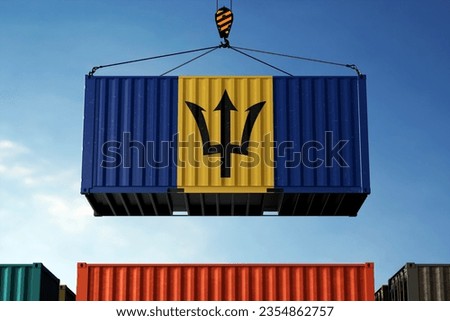 Freight containers with Barbados flag, clouds background