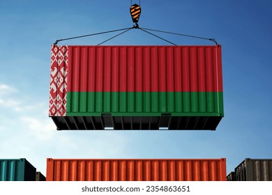 Freight containers with Belarus flag, clouds background