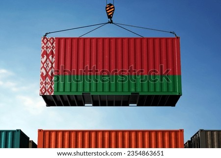 Freight containers with Belarus flag, clouds background