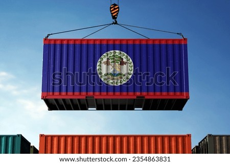 Freight containers with Belize flag, clouds background