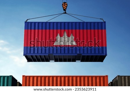 Freight containers with Cambodia flag, clouds background