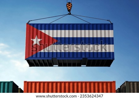Freight containers with Cuba flag, clouds background