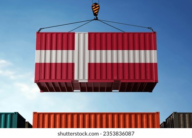 Freight containers with Denmark flag, clouds background