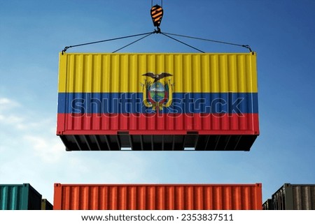 Freight containers with Ecuador flag, clouds background