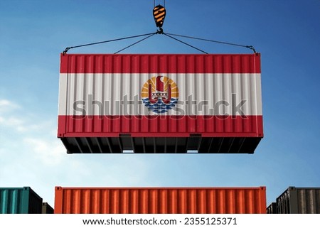 Freight containers with French Polynesia flag, clouds background