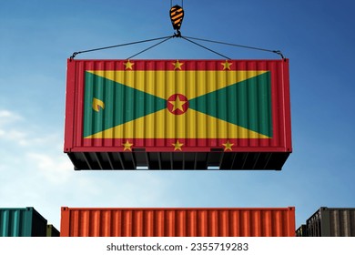 Freight containers with Grenada flag, clouds background