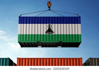 Freight containers with Lesotho flag, clouds background