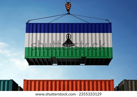 Freight containers with Lesotho flag, clouds background