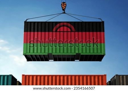 Freight containers with Malawi flag, clouds background
