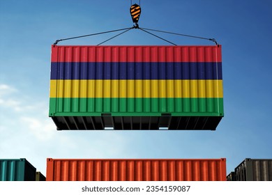 Freight containers with Mauritius flag, clouds background