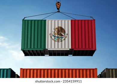 Freight containers with Mexico flag, clouds background