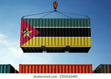 Freight containers with Mozambique flag, clouds background