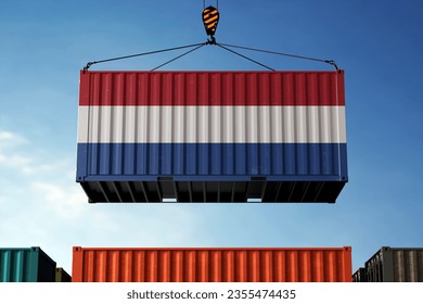 Freight containers with Netherlands flag, clouds background