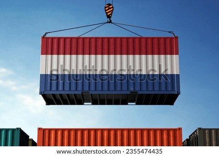 Freight containers with Netherlands flag, clouds background