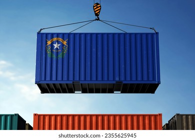 Freight containers with Nevada flag, clouds background