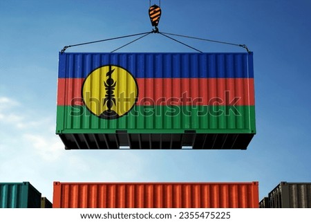 Freight containers with New Caledonia flag, clouds background