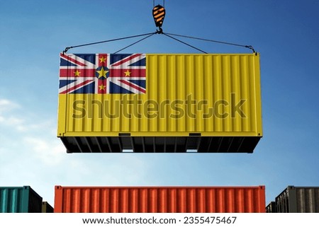 Freight containers with Niue flag, clouds background