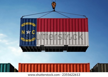 Freight containers with North Carolina flag, clouds background