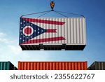 Freight containers with Ohio flag, clouds background