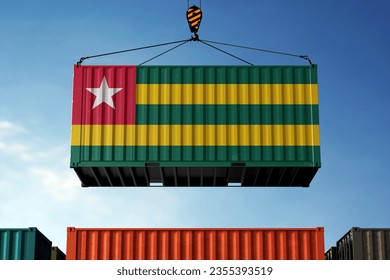 Freight containers with Togo flag, clouds background