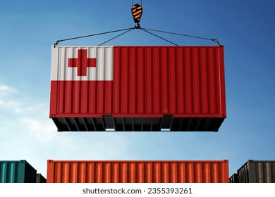 Freight containers with Tonga flag, clouds background