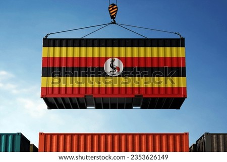 Freight containers with Uganda flag, clouds background