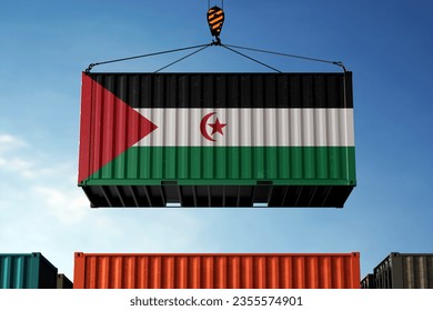 Freight containers with Western Sahara flag, clouds background