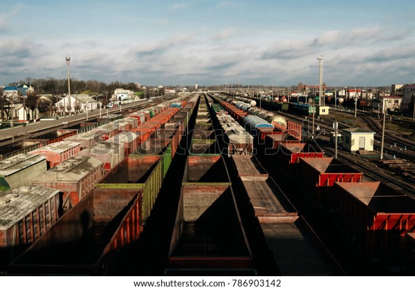 A lot of freight rail\
cars, a cargo distribution station. Staging post. Large parking of\
trains.