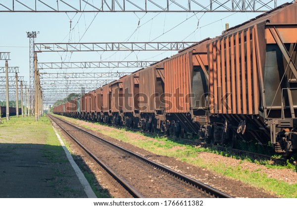 Freight railway\
cars at the marshalling\
yard.