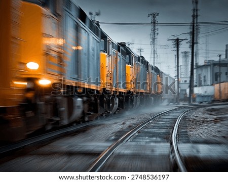 A freight train blurred in motion moves quickly along a curved railway track surrounded by an industrial landscape.