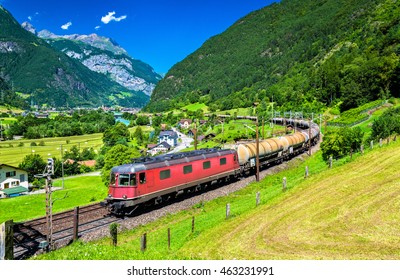 Freight Train Climbs Up The Gotthard Railway. The Traffic Will Be Diverted To The Gotthard Base Tunnel In December 2016.