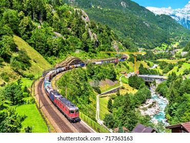 Freight Train Climbs Up The Gotthard Railway. The Traffic Is Diverted To The Gotthard Base Tunnel In December 2016.