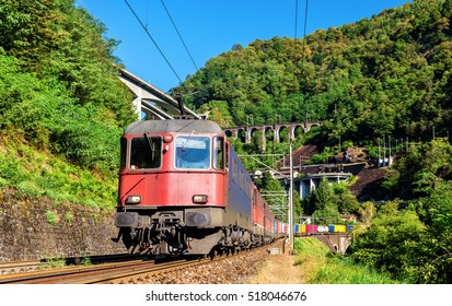 Freight Train Goes Down The Gotthard Pass. The Traffic Will Be Diverted To The Gotthard Base Tunnel In December 2016.