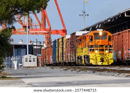 A freight train loaded with cargo pulls out of a marine terminal.