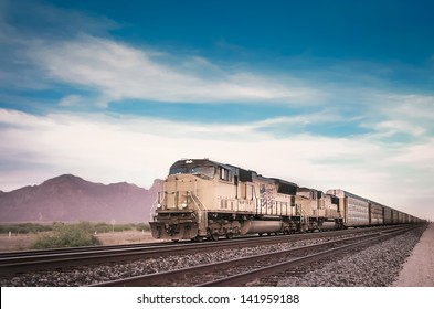 Freight Train Locomotive In Arizona, USA