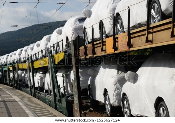 a freight train\
with new cars on the way from Göttingen to Hanover, Lower Saxony,\
Germany, September 5, 2019