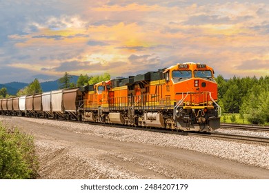 freight train pulling cargo close to Whitefish, Montana