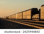 Freight train railcars going away from view at sunset