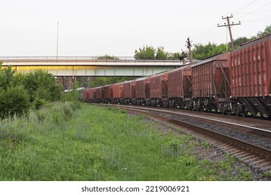 freight train rides on railroad tracks passing under a road bridge