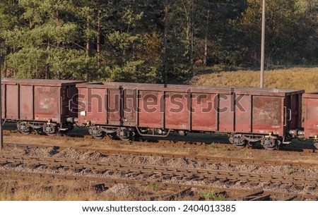 A freight train standing on a siding at a railway switch in the forest.A railway turnout among the forests on the premises of the steelworks in Ostrowiec. Rusted freight wagons standing on the railway