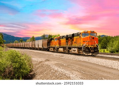freight train with sunset in the background