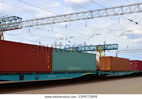 Freight train,\
transportation of railway cars by cargo containers  shipping.\
Railway logistics\
concept