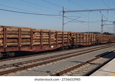 Freight Train Transporting Timber Logs on Railway Tracks. Industrial Wood Cargo Transportation, Lumber Logistics. Forestry Industry Concept, Sustainable Resource Supply Chain, Transportation