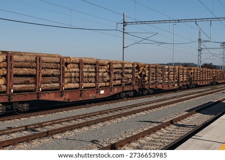 Freight Train Transporting Timber Logs on Railway Tracks. Industrial Wood Cargo Transportation, Lumber Logistics. Forestry Industry Concept, Sustainable Resource Supply Chain, Transportation