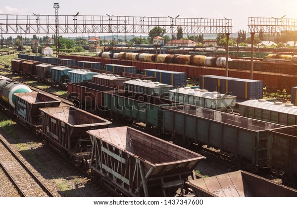 Freight trains on city cargo terminal.\
Railways in train parking. Arain arrived at the station. Cargo\
train platform with freight train container at depot in port use\
for export logistics\
background.